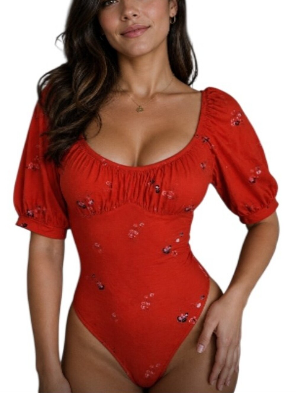 Free People Playd Date Red Puff-Sleeve Ruched Bodysuit-NWT